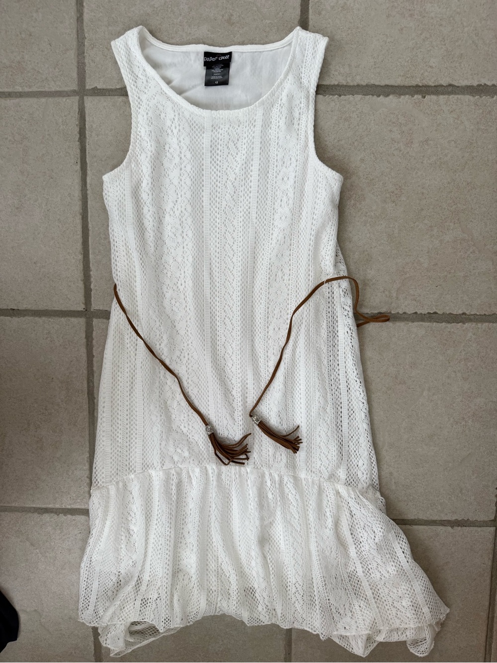 paper doll White hi-lo Bohemian Sleeveless Lace Midi Dress w/ Suede Tassel Belt